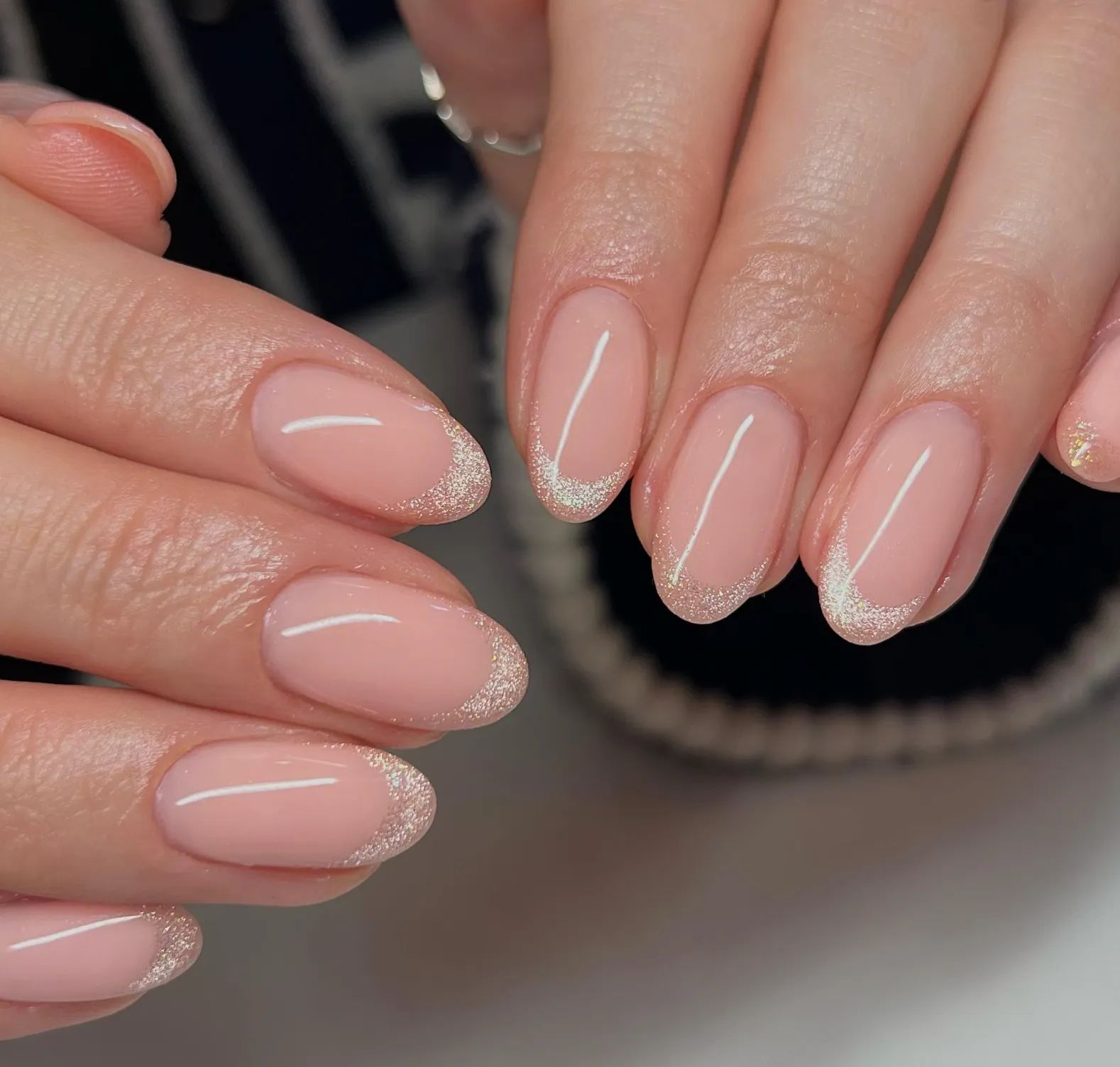 Glitter French Tip Medium Oval Nails — Simple New Years Nails 2027