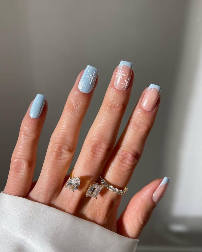 Light Blue Nude Snowflake French Square Nails Light Blue Nude Snowflake French Square Nails — Christmas Square Nails 2026