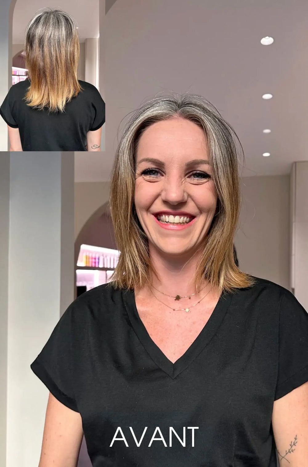 Wavy Medium Density Mid-Back Waves With Dark Base and Ash/Silver Blend Wavy Medium Density Mid-Back Waves With Dark Base and Ash/Silver Blend — Gray Blending Highlights