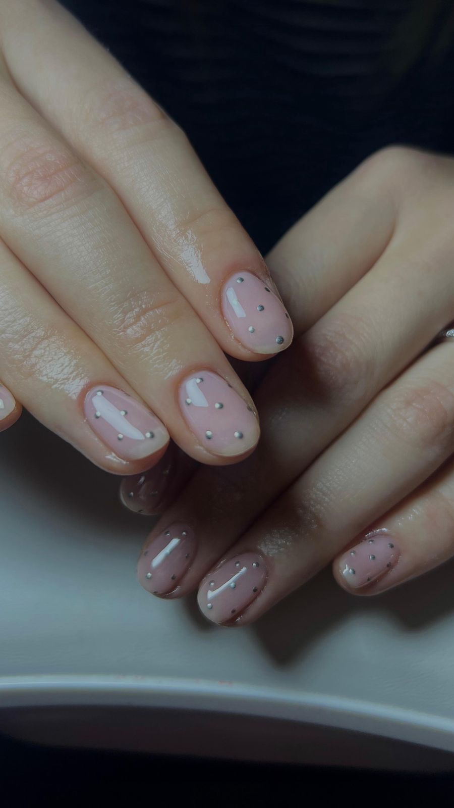 Pale Pink With Scattered Silver Dots Pale Pink With Scattered Silver Dots — Clean Girl Winter Nails