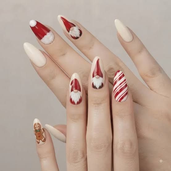 Gnome and Candy Cane Stiletto Nails Gnome and Candy Cane Stiletto Nails — Christmas Gel Nails 2026