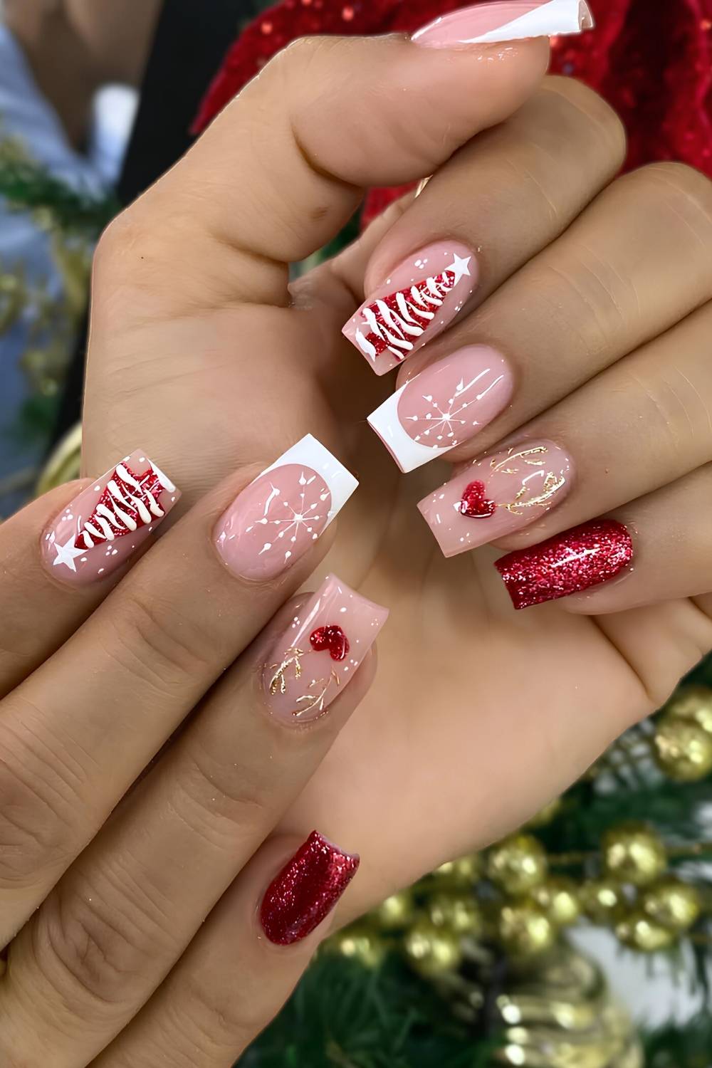 Pale Pink Christmas Tree Snowflake Heart Nails Pale Pink Christmas Tree Snowflake Heart Nails — Christmas Gel X Nails 2026