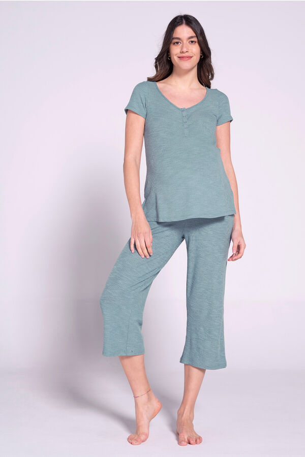 Muted Teal Ribbed Henley and Cropped Pants Muted Teal Ribbed Henley and Cropped Pants — Loungewear Outfits