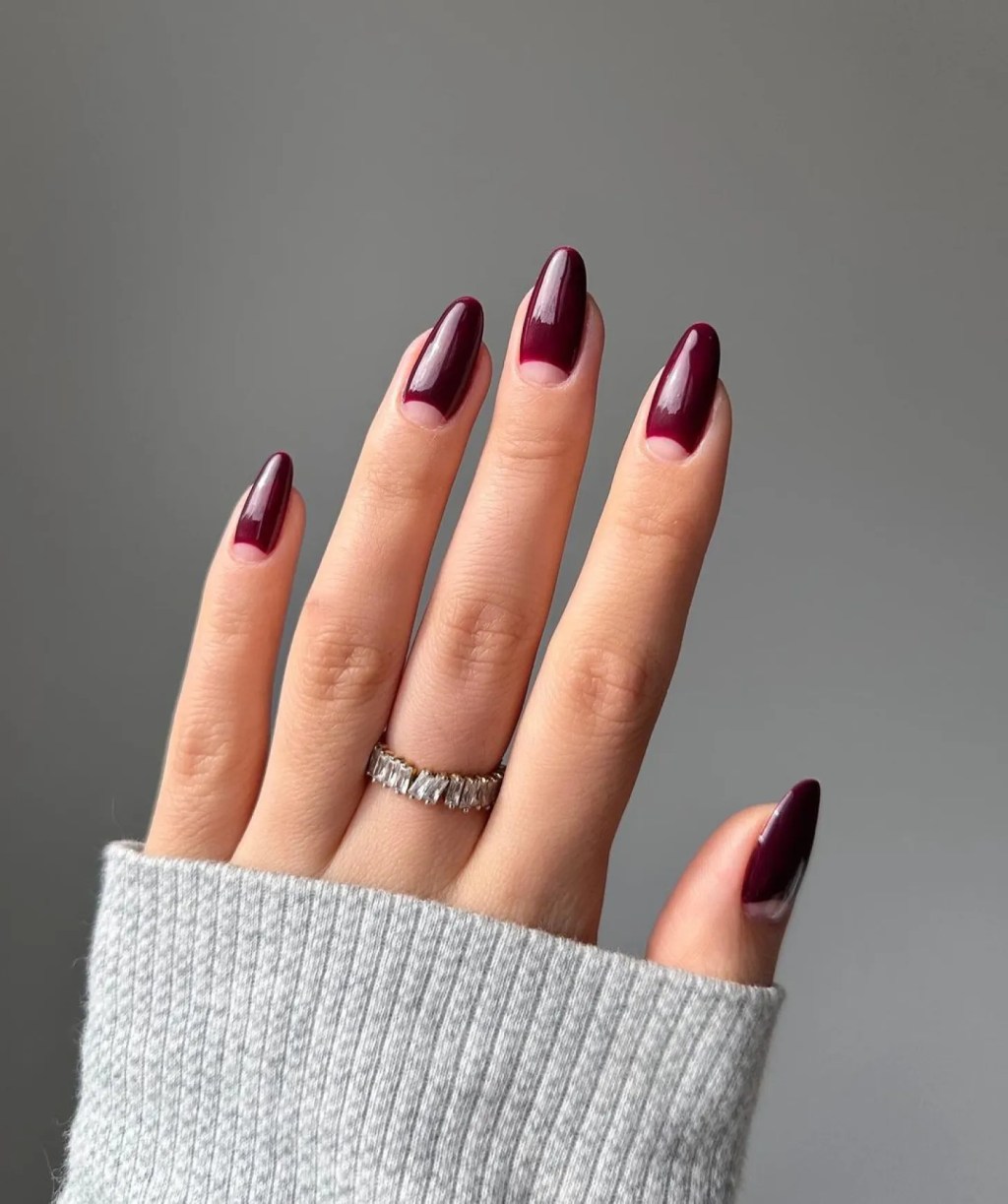 Burgundy Half-Moon Glossy Nails Burgundy Half-Moon Glossy Nails — Winter Nail Colors for Women Over 70