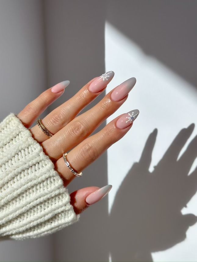 Medium Almond Pink Grey Gradient Snowflakes Medium Almond Pink Grey Gradient Snowflakes — Subtle Christmas Nails 2026