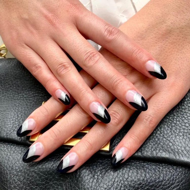 Modern French Tip with Silver V-Accent Modern French Tip with Silver V-Accent — Winter Nails for Black Women