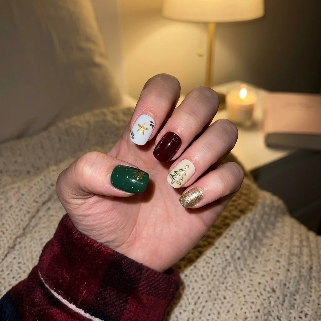 Glossy Green Red Ivory Christmas Art Nails Glossy Green Red Ivory Christmas Art Nails — Christmas Square Nails 2026