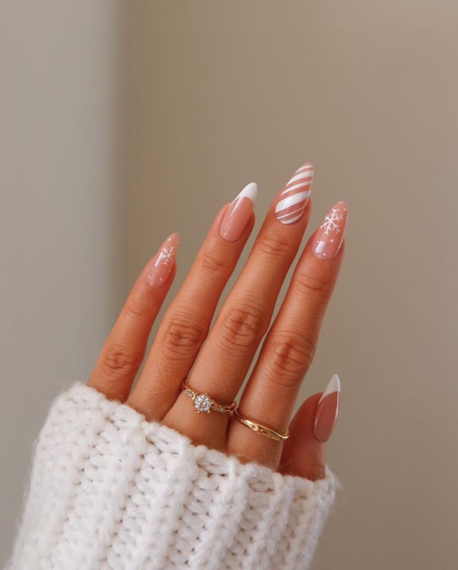 Nude Stilettos with Festive Accents Nude Stilettos with Festive Accents — Christmas Stiletto Nails 2026