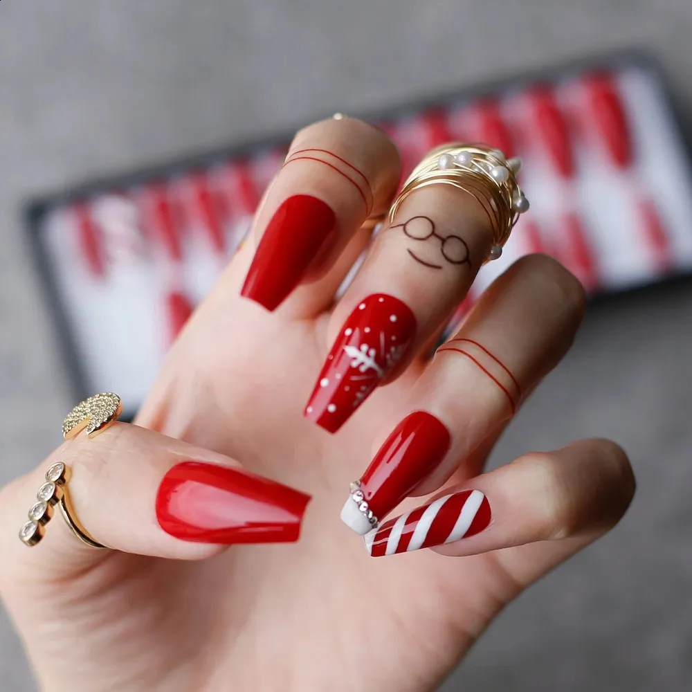 Visible Glossy Red White Candy Cane Rhinestone Coffin Nails Visible Glossy Red White Candy Cane Rhinestone Coffin Nails — Christmas Coffin Nails 2026