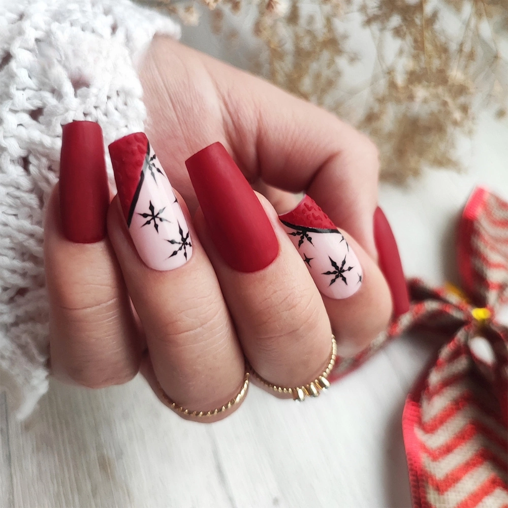 Deep Red Matte with Snowflake & Knit Accents Deep Red Matte with Snowflake & Knit Accents — Winter Matte Nails