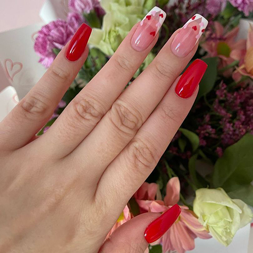Cherry Red French Tip Hearts on Coffin Nails Cherry Red French Tip Hearts on Coffin Nails — Cherry Red Nails