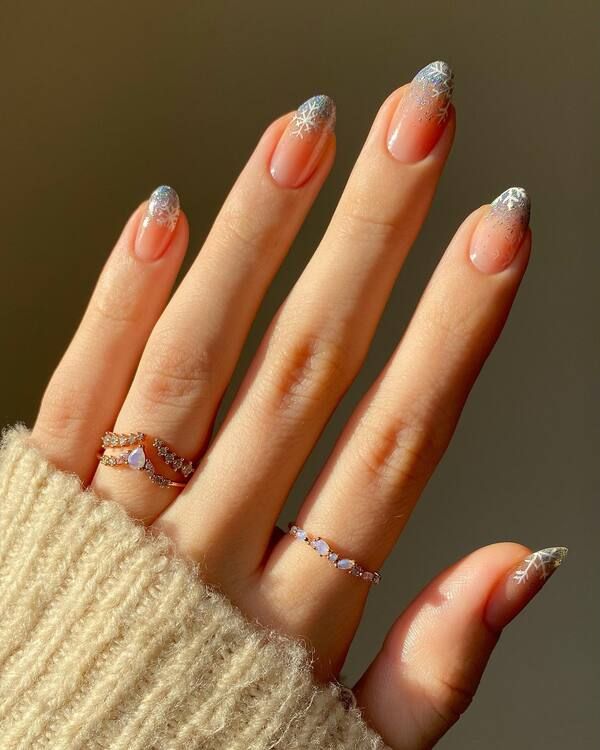 Pink Glitter Gradient Snowflake Almonds — Simple New Years Nails 2027