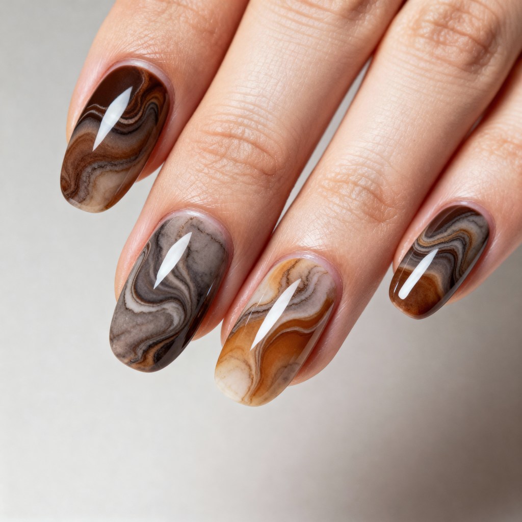 Glossy Brown & Grey Marble Nails Glossy Brown & Grey Marble Nails — Cozy Winter Nails