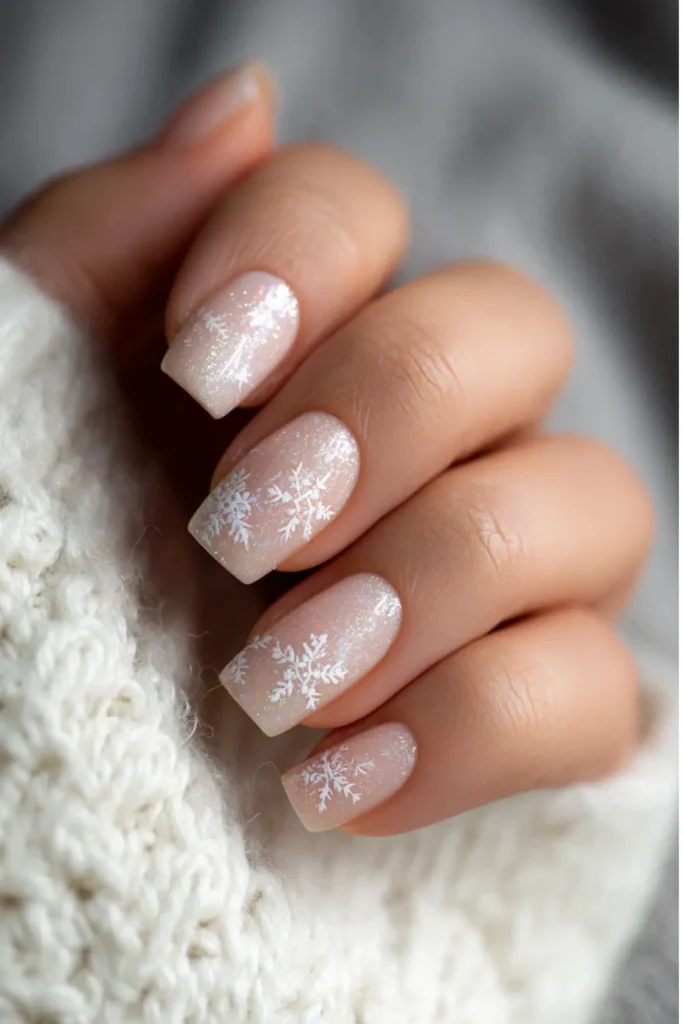 Nude Glitter Snowflake Decal Square Nails Nude Glitter Snowflake Decal Square Nails — Christmas Square Nails 2026