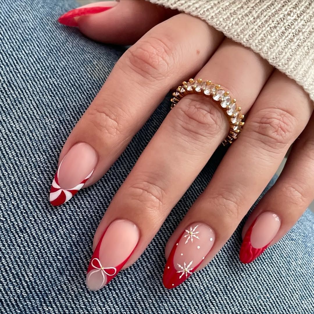 Festive French Tips with Snowflakes and Bows Festive French Tips with Snowflakes and Bows — Christmas Nail Art 2026