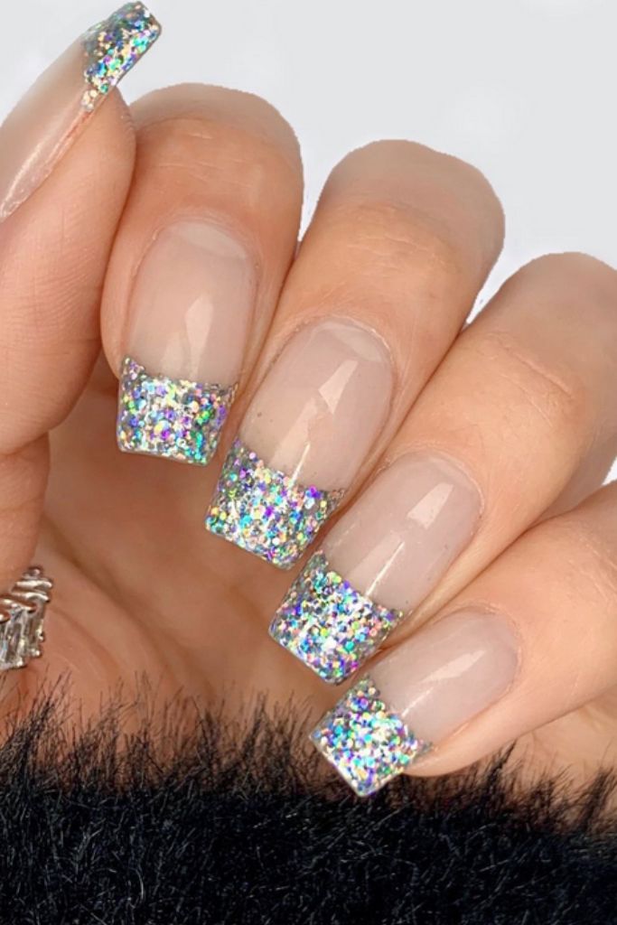 Holographic Glitter Encased White French Tips Holographic Glitter Encased White French Tips — New Years French Tip Nails 2027