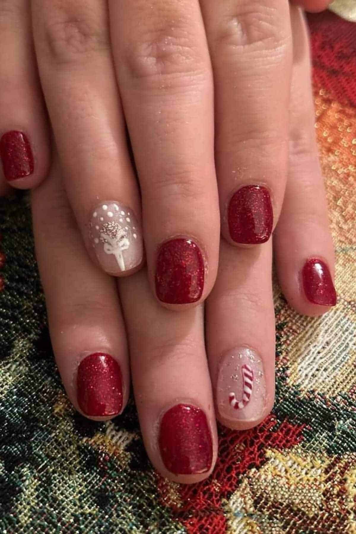 Short Square Deep Red Glitter with Snowflake Bow Short Square Deep Red Glitter with Snowflake Bow — Subtle Christmas Nails 2026