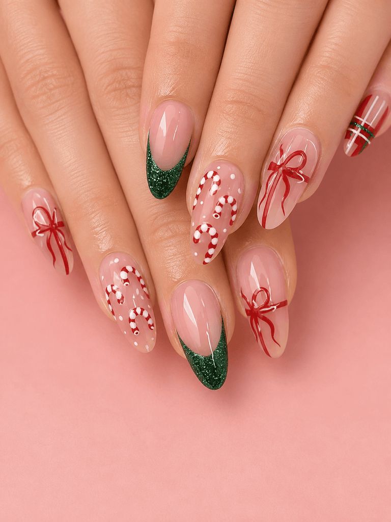 Nude Base Christmas Motifs Almonds Nude Base Christmas Motifs Almonds — Red and Green Christmas Nails 2026