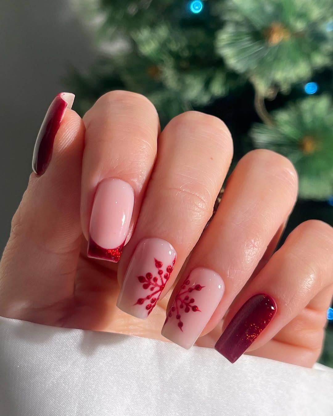Burgundy Red Glitter French Snowflake Nails — Short Christmas Square Nails 2026