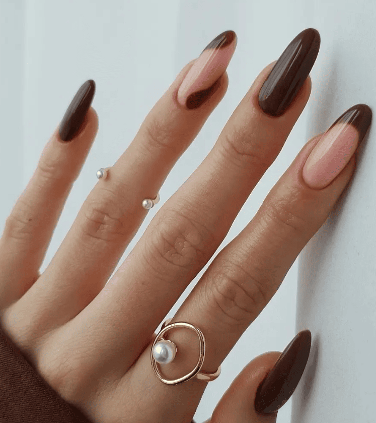 Pale Pink Base Dark Brown French Tip Nails Pale Pink Base Dark Brown French Tip Nails — Winter Nail Colors for Women Over 70