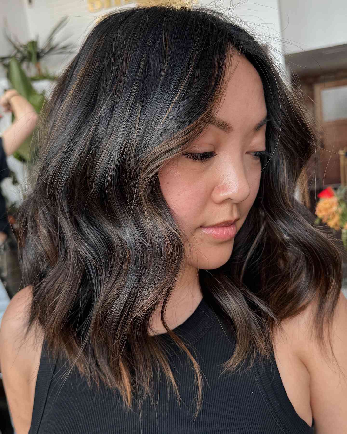 Lob Dark Brown With Subtle Caramel Highlights Lob Dark Brown With Subtle Caramel Highlights — Low Maintenance Winter Hair Colors