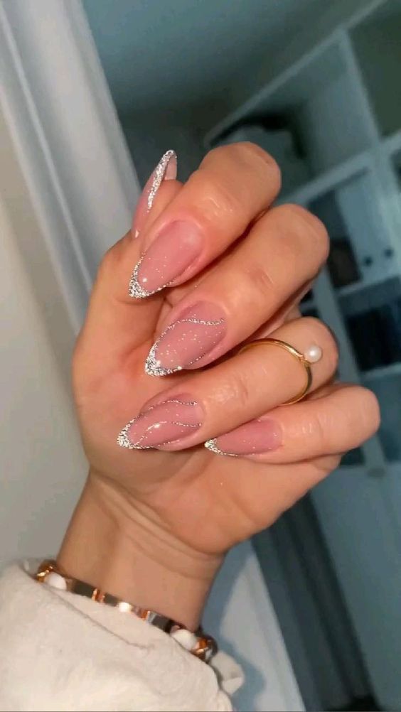 Sheer Pink Base With Silver Glitter Visual Idea Sheer Pink Base With Silver Glitter Visual Idea — New Years Stiletto Nails 2027