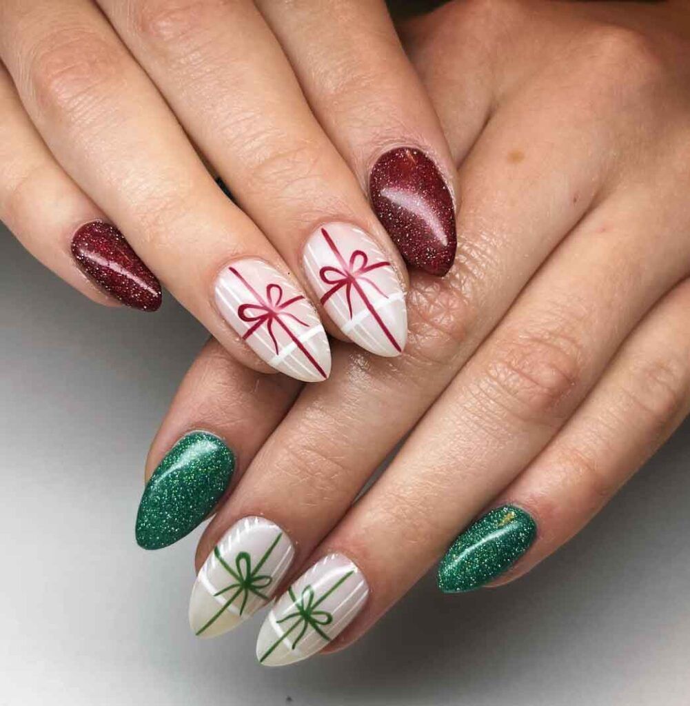 Gift Box Design Glitter Accents Visual Idea Gift Box Design Glitter Accents Visual Idea — Christmas Almond Nails 2026