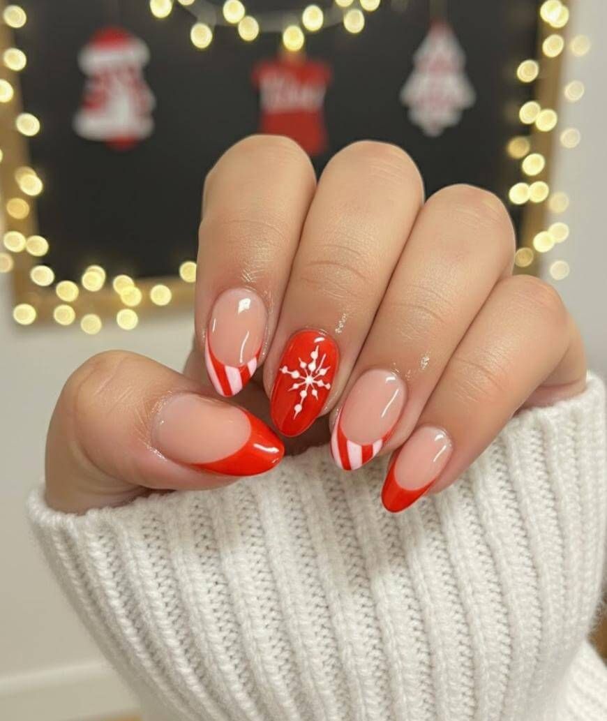 Medium Almond Striped French Snowflake Nails Medium Almond Striped French Snowflake Nails — Simple Christmas Nails 2026