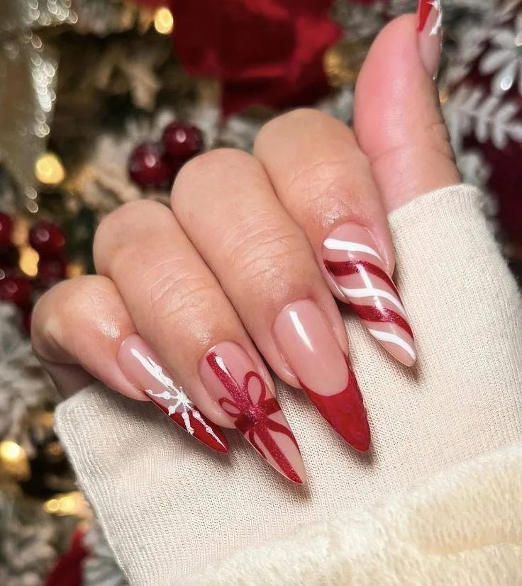 Clear Base Stilettos with Festive Christmas Art Clear Base Stilettos with Festive Christmas Art — Christmas Stiletto Nails 2026