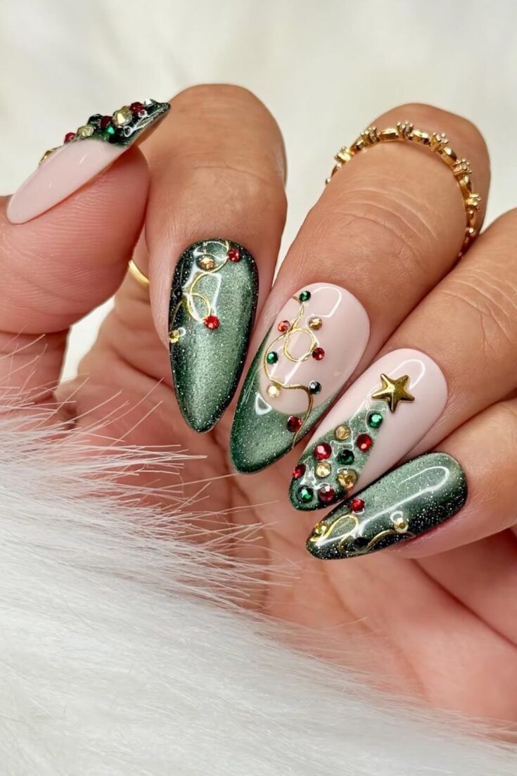 Shimmering Green Christmas Tree Rhinestone Nails Shimmering Green Christmas Tree Rhinestone Nails — Christmas Gel Nails 2026