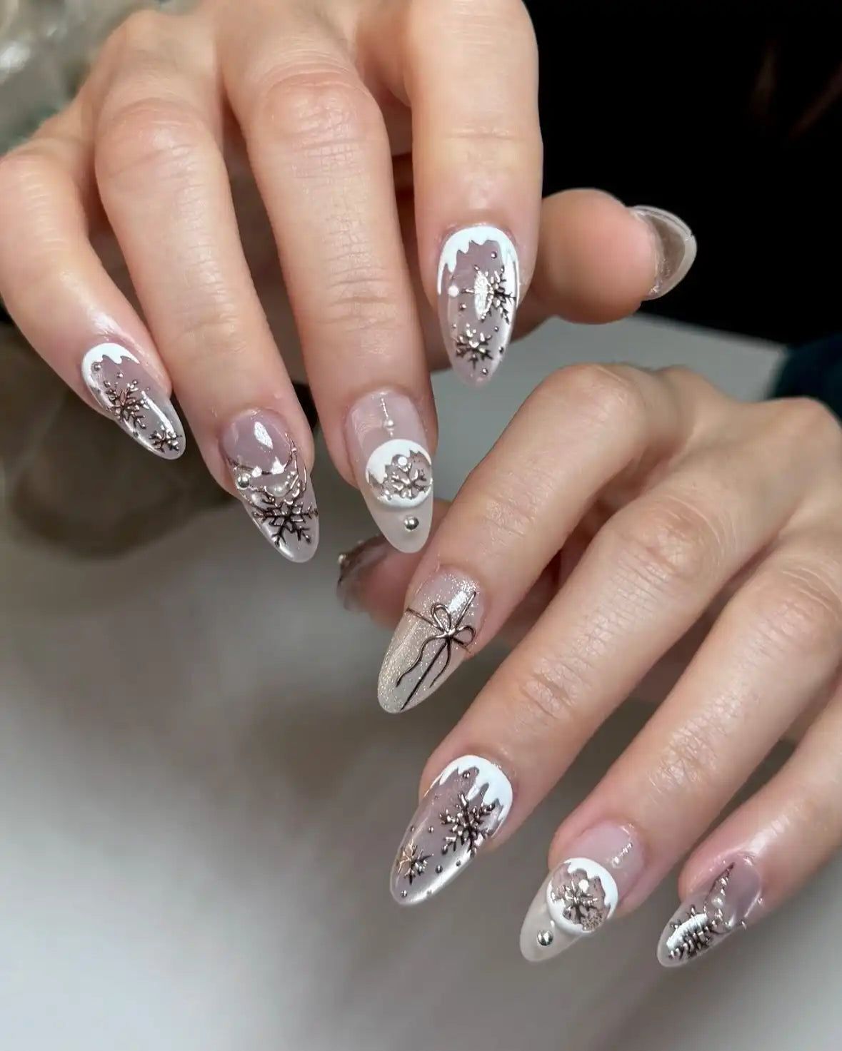 Pearl Snowflake Charm French Tips Pearl Snowflake Charm French Tips — Winter Pearl Nails
