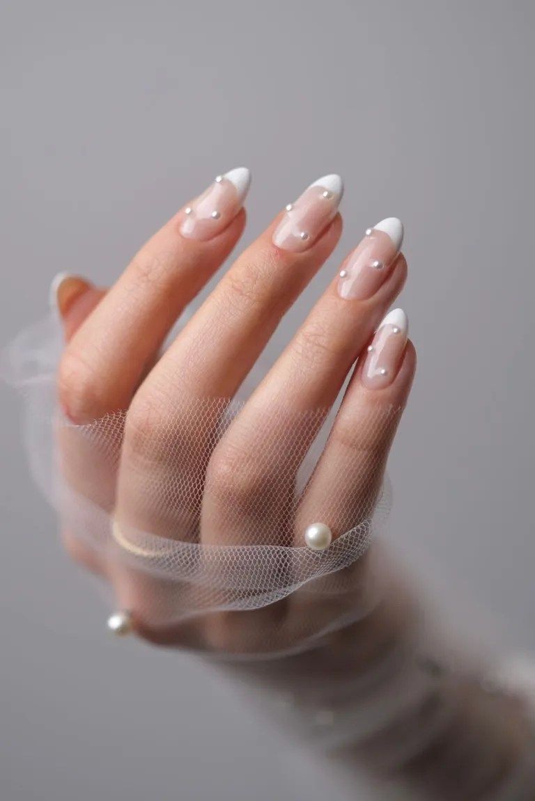 Pearl Embellished French Tips Pearl Embellished French Tips — Winter Wedding Guest Nails