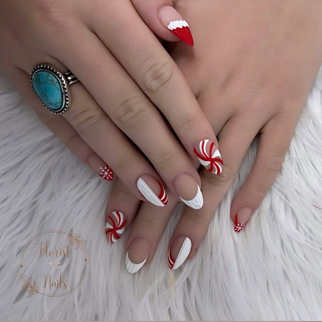 Candy Cane Stripe Santa Hat Nails Candy Cane Stripe Santa Hat Nails — Christmas Gel Nails 2026