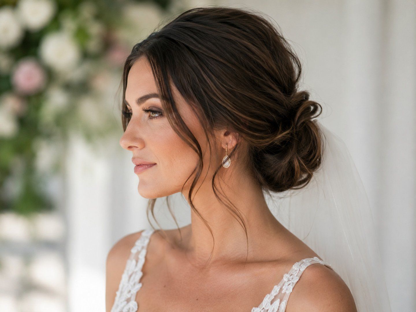 Dark Brown Loose Low Bun With Veil — Winter Bun Hairstyles