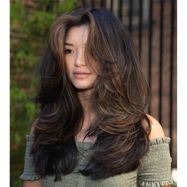 Mid-Back Layers with Caramel Highlights — Winter Haircuts for Straight Hair