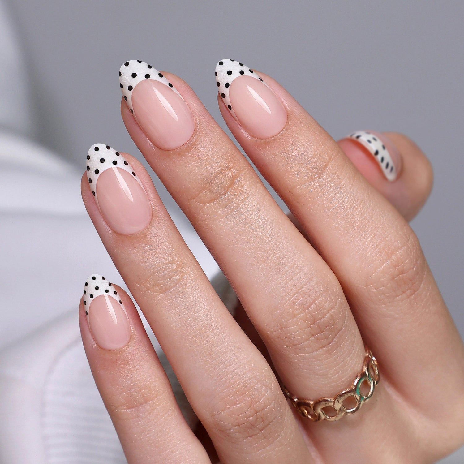 French Manicure With Black Polka Dots French Manicure With Black Polka Dots — Medium Winter Almond Nails