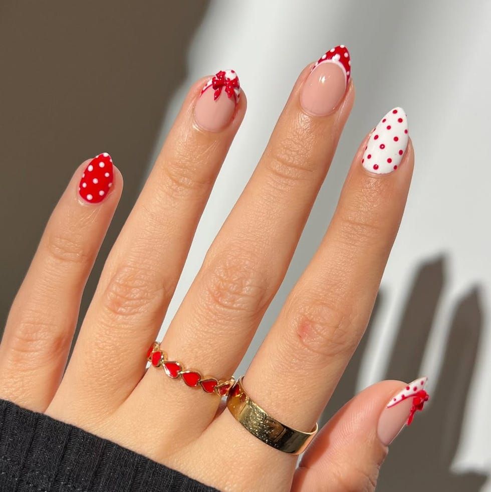 Red Polka Dot French Tip Bow Accent — Holiday Nail Colors 2026