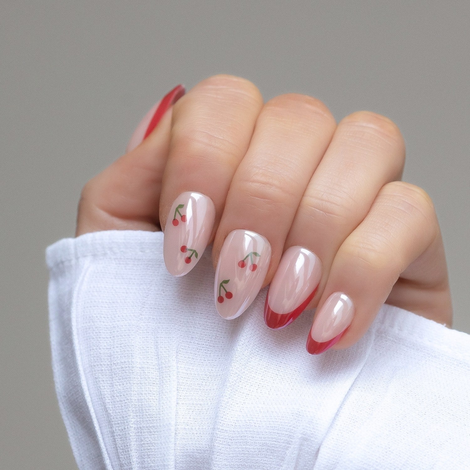 Deep Red French Tips with Cherry Motifs Deep Red French Tips with Cherry Motifs — Cherry Red Nails