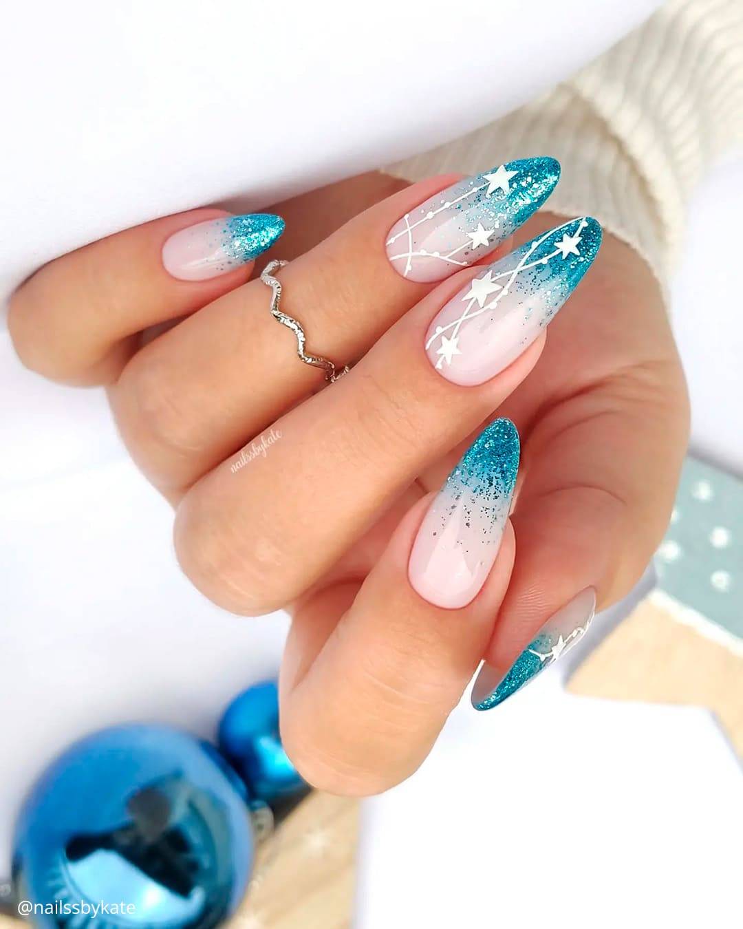 Sheer Pink to Teal Glitter Gradient Nails Sheer Pink to Teal Glitter Gradient Nails — Winter Nail Colors for Women Over 70