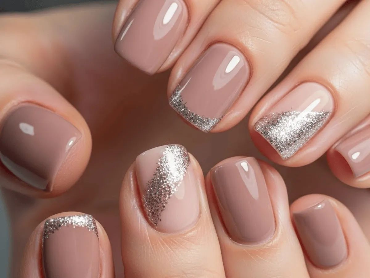 Diagonal Glitter Accent On Accent Nails Visual Idea — Winter Champagne Nails