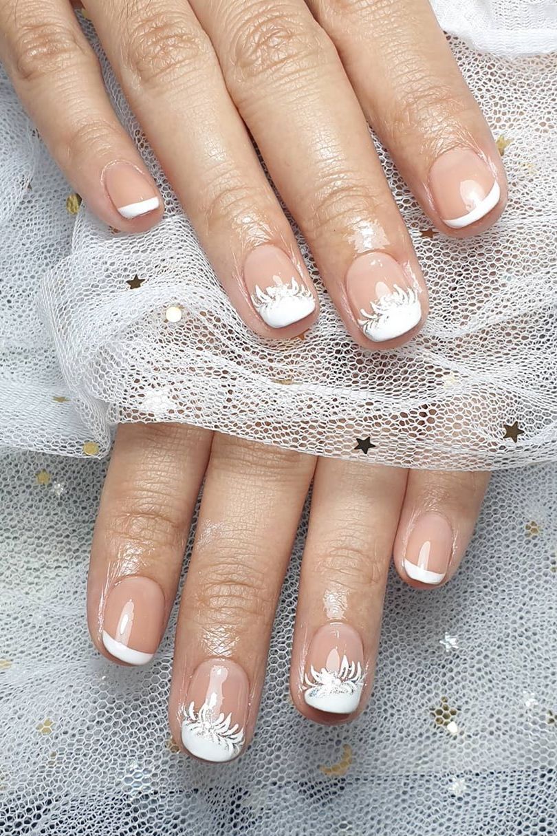 Silver Leaf Art French Tips Silver Leaf Art French Tips — Winter Wedding Guest Nails