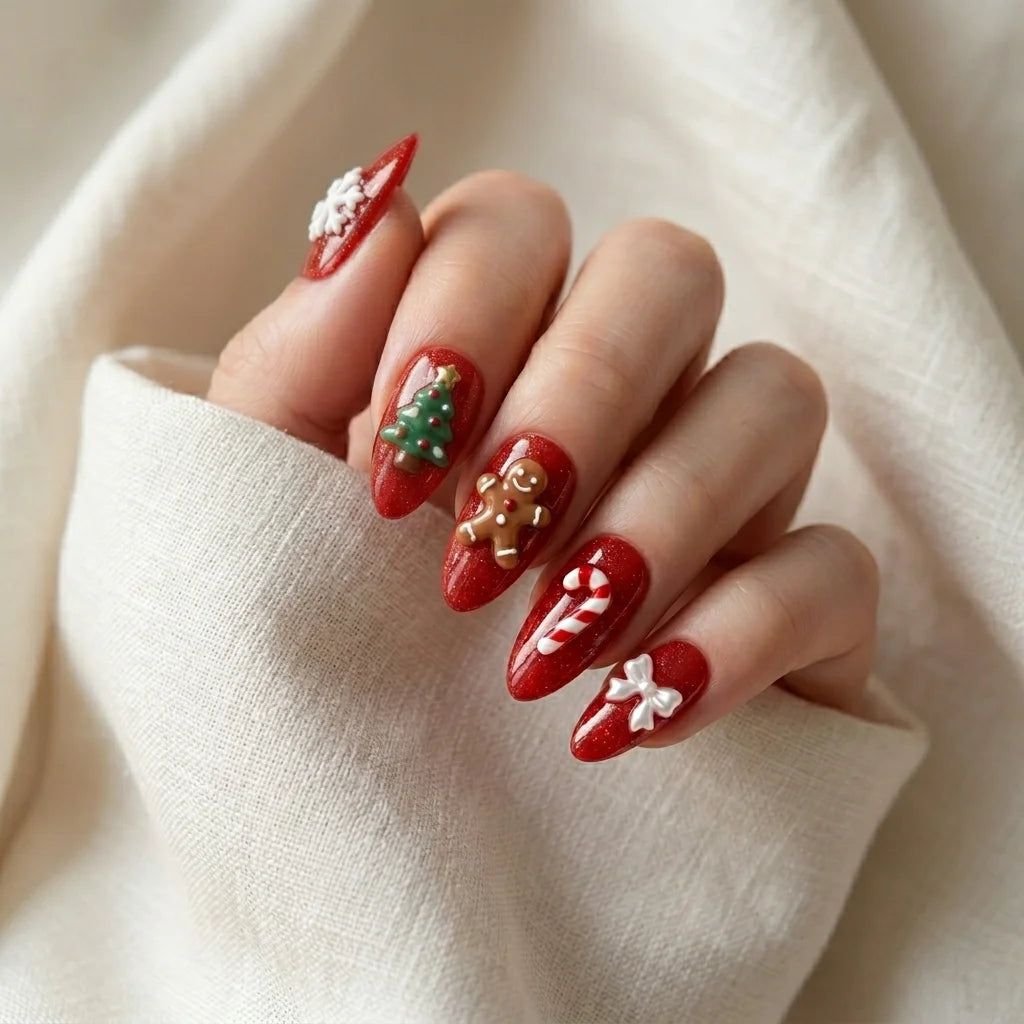 Glossy With Glitter Matte 3D Elements Visual Idea Glossy With Glitter Matte 3D Elements Visual Idea — Christmas Almond Nails 2026