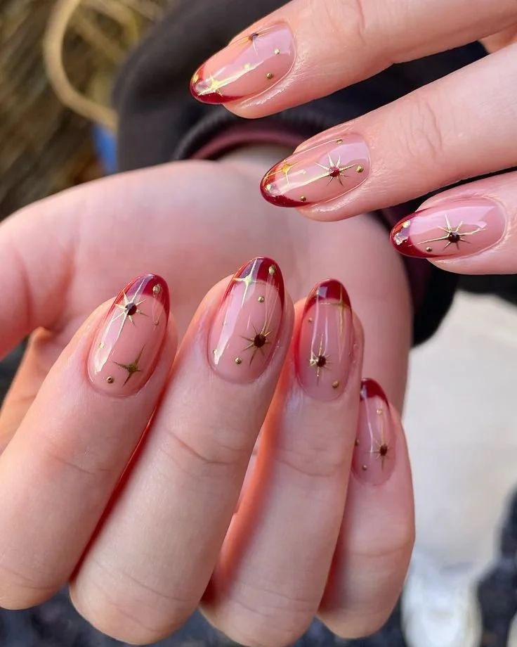 Sheer Pink Gold Starburst French Tip Almond Nails Sheer Pink Gold Starburst French Tip Almond Nails — Winter Date Night Nails