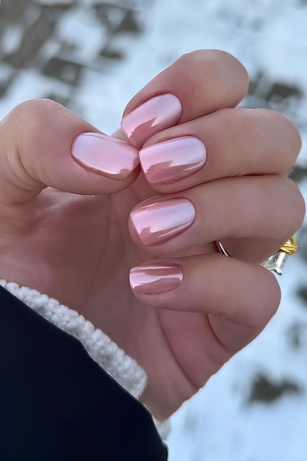 Shimmering Rose Gold Chrome Nails Shimmering Rose Gold Chrome Nails — Winter Nail Colors for Women Over 70