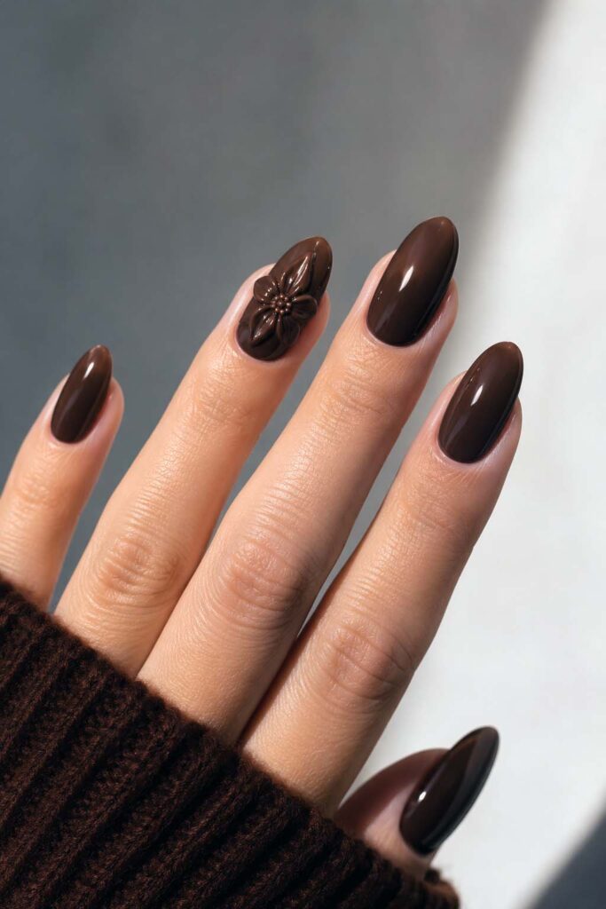 3D Chocolate Flower On One Nail Visual Idea 3D Chocolate Flower On One Nail Visual Idea — Chocolate Brown Nails