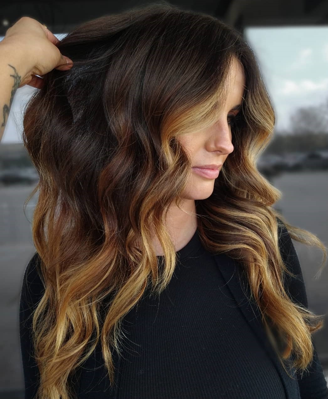 Shoulder Length Dark Brown with Golden Blonde Balayage Shoulder Length Dark Brown with Golden Blonde Balayage — Blonde to Brunette Hair