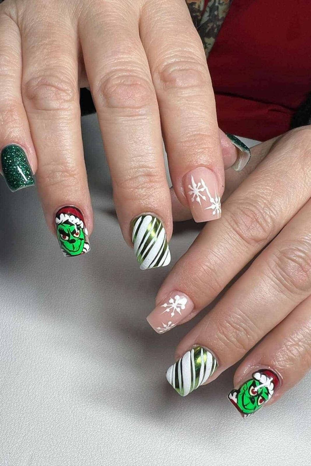 Short Square Nude Grinch Stripe Nails Short Square Nude Grinch Stripe Nails — Grinch Nails 2026