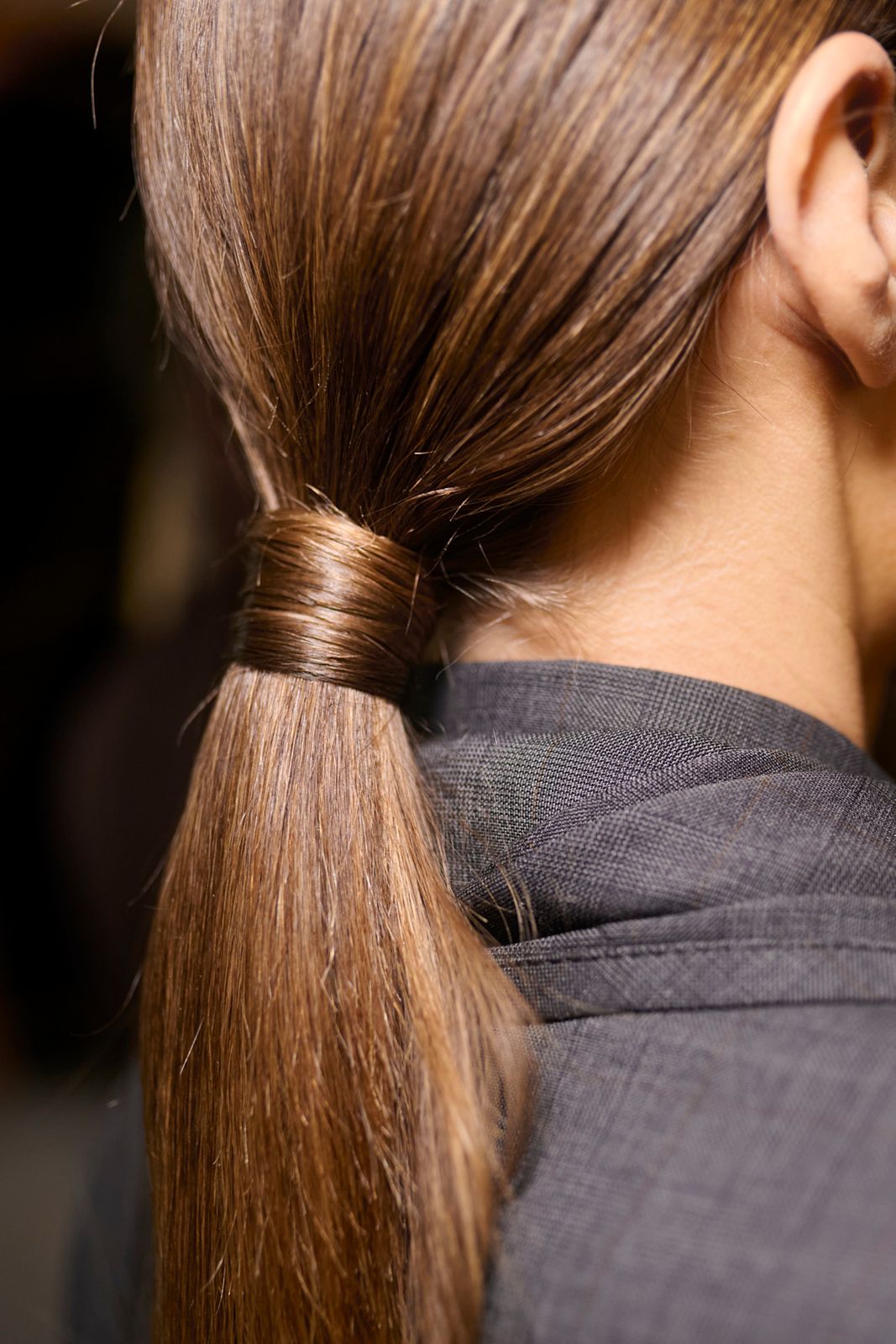 Brown Low Ponytail With Hair-Wrapped Base Brown Low Ponytail With Hair-Wrapped Base — Winter Ponytail Hairstyles