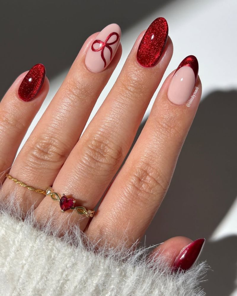 Sheer Nude Pink Deep Red With Glitter Visual Idea Sheer Nude Pink Deep Red With Glitter Visual Idea — Christmas Almond Nails 2026