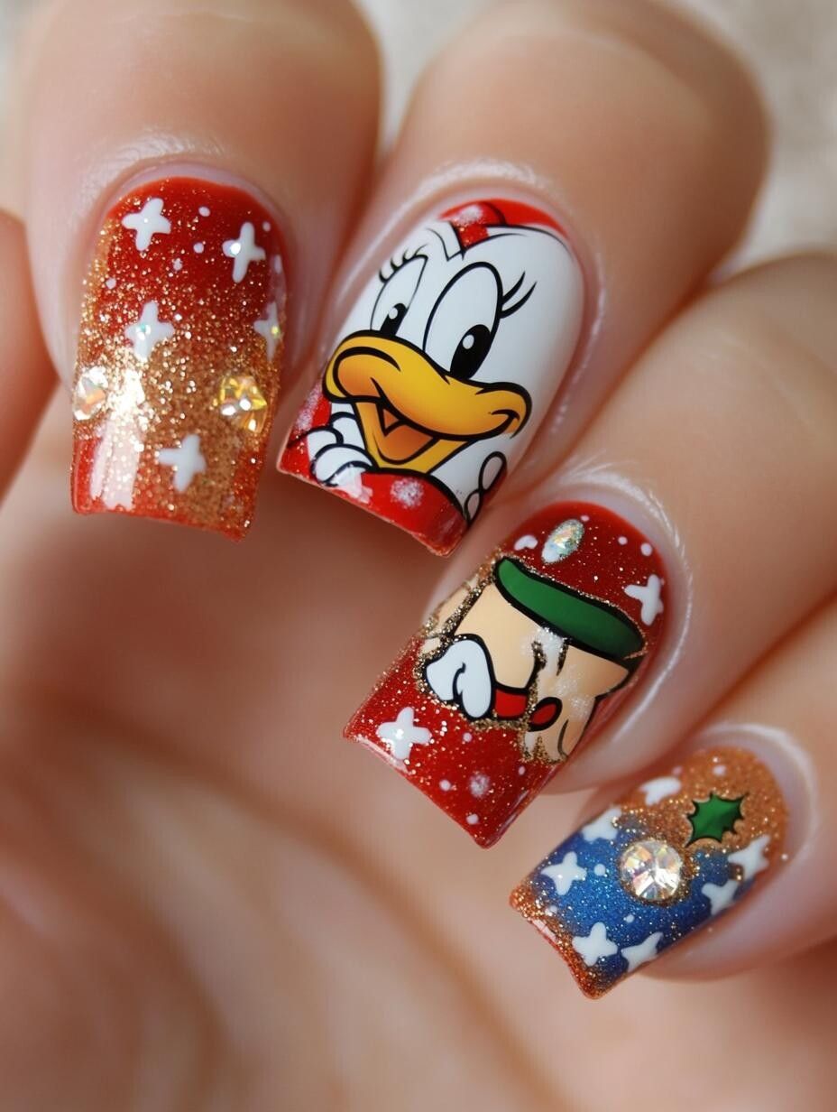 Red with Daisy Duck and Elf Art Red with Daisy Duck and Elf Art — Disney Christmas Nails 2026